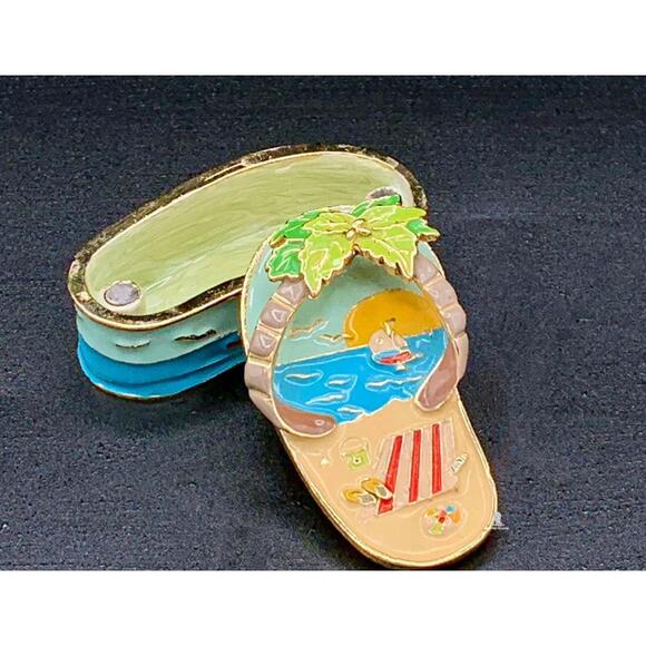 Hawaiian Flip Flop Trinket Box Palm Tree Island Sunset Mini Keepsake - Picture 3 of 4